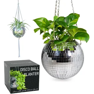 SCANDINORDICA Discokugel blumentopf - Spiegelkugel hängende blumentöpfe, diskokugel Pflanzen, discokugel deko übertopf makramee, Geschenk Freundin | Disco Kugel pflanzentopf – 20 cm Silber