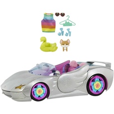 Barbie Extra, Barbie Auto Cabrio, in silber, mit beweglichen Rädern inkl. Barbie Zubehör wie Barbie Kleidung und Haustier, Spielzeug ab 3 Jahre, HDJ47