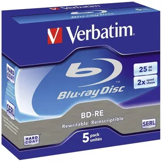 Verbatim BD-RE Single Layer Blu-ray Rohlinge 25 GB Blu-ray-Disc mit 2-facher Schreibgeschwindigkeit mit Kratzschutz 5er-Pack Jewel Case Blu-ray-Disks für Video- und Audiodateien 43615