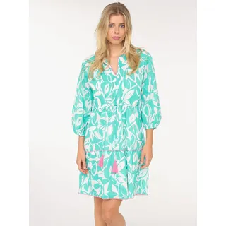 Sommerkleid ZWILLINGSHERZ "Blätter Zweifarbig", Damen, Gr. L, N-Gr, grün, Web, Obermaterial: 100% Baumwolle, gemustert, figurumspielend kniefrei, V-Ausschnitt, elastischer Bund mit Gummizug, Kleider Sommerkleid, mit Tasseln und kontrastfarbigen Details