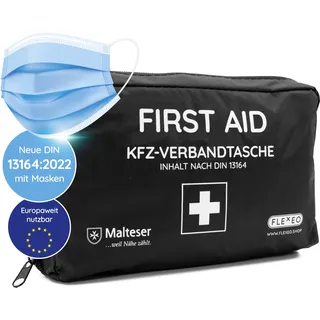 KFZ-Verbandtasche nach aktueller DIN 13164 [EUROPAWEIT GÜLTIG] gemäß StVZO | inkl. 2 med. Gesichtsmasken | Erste Hilfe Tasche, Set, Verbandskasten, Auto, PKW