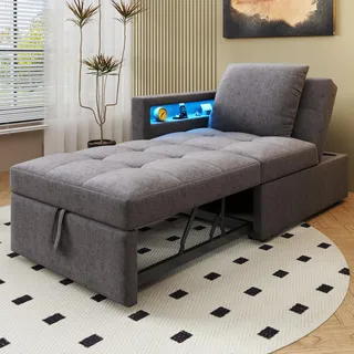 Flieks Schlafsofa mit Ladefunktion und Led, Polstersofa Sessel mit Kissen und Verstellbare Rückenlehne, Tagesbett Daybed, Leinen, Grau - Grau