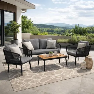 Gartenmöbel Set Sitzgruppe Rope Essgruppe Outdoor Gartenbank Gartentisch Schwarz - Schwarz, Grau