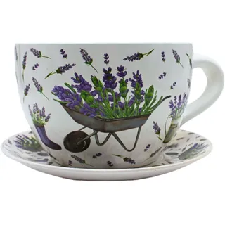 Dekohelden24 XXL Blumentopf, Pflanztasse, Pflanzkübel, Pflanzgefäß, Blumenkübel, Pflanztopf. Übertopf als Tasse mit Griff aus Keramik, Motiv: Lavendel, L/B/H 34 x 28 x16 cm.