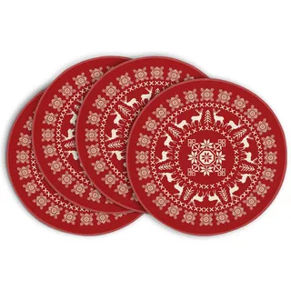 Artoid Mode Rot Rentier Weihnachten Runde Platzsets 4er Set, 37cm Winter Xmas Tischset Platzdeckchen Küche Party Deko