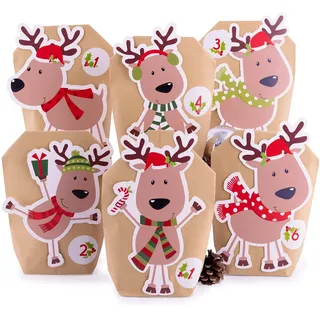 pajoma® Adventskalender zum Befüllen Rentier Design – 24 Kraftpapiertüten naturbraun mit Zahlenaufklebern, Deko & Klammern – Weihnachtskalender Bastelset zum Selbstbefüllen