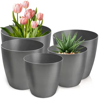 PECZEKO Blumentopf matt, 5er-Set blumenkübel, 12/14/16/18/20 cm Pflanzkübel aus Übertopf Kunststoff Topf für, groß und klein Pflanzen, 5er-Set blumenkübel kräutertopf, Graphit