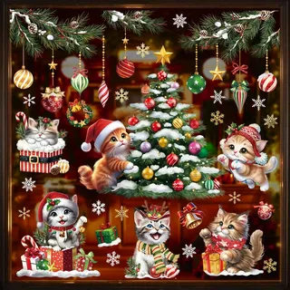 wondever Fensterbilder Weihnachten Katzen Weihnachtsbaum Weihnachtsdeko | Wiederverwendbar, Doppelseitig Statisch PVC Fensterdeko, Fensterfolie weihnachten selbstklebend für Winter Innen Dekoration