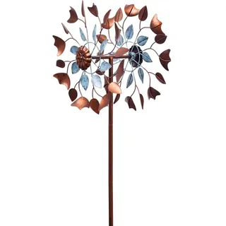 Kinetic Art - Windspiel Metall - inkl. Bodenanker, Zwei Rotoren für 3D-Optik, mit oder ohne LED in Glaskugel, hochwertige Bunte magische Windspiele für den Garten draußen stehend (Copper Leaf Duett)
