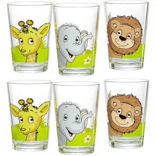 Kinderbecher RITZENHOFF & BREKER "Kindergläser Dschungeltiere 205 ml 6er Set bunt", bunt, 6 tlg., Glas, Trinkgefäße, Kinderbecher