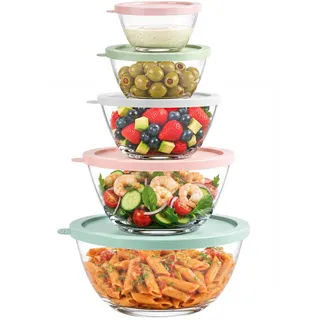Greentainer Salatschüssel mit Deckel, Rührschüsseln Set aus Glas, Stapelbare Nesting-Schüssel-Set für Küche,Große Schüsselset,4.5L/2.7L/1.5L/0.7L/0.4L,Servierschalen ideal zum Mischen und Servieren