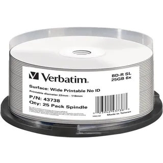 Verbatim 54383 BD-R, 25 Pack Spindle - Wide Printable, Transparent/Weiß | BD-R Blu-ray Rohling 25GB 6x Speed mit Inkjet Printable Oberfläche für HD-Filme, Fotos und langfristige Datensicherung.