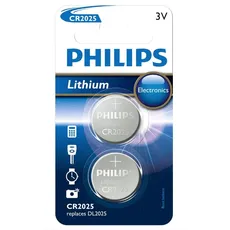 Philips Knopfzellen Batterien CR2025 2 Stück - Einwegbatterien 3V/150 mAh - Geeignet für Uhren, Taschenrechner und Autoschlüssel - Lithiumbatterie