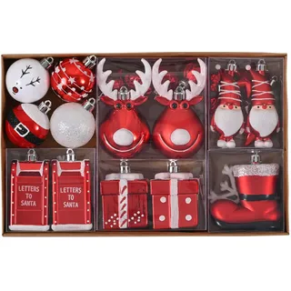 Victor's Workshop Weihnachtskugeln, Christbaumkugeln Kunststoff Weihnachtskugel Set Weihnachtsdeko mit Aufhänger Geschenkpaket Weihnachtsbaumschmuck Rot Weiß Thema (50)