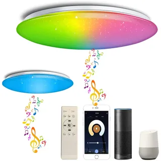 chysongoods Φ50cm 55W Sternenhimmel Musik Deckenlampe Kompatibel Mit Google Home Kompatibel Mit Bluetooth Lautsprecher Deckenleuchte LED RGB Farbwechsel Dimmbar für Küche Schlafzimmer Wohnzimmer