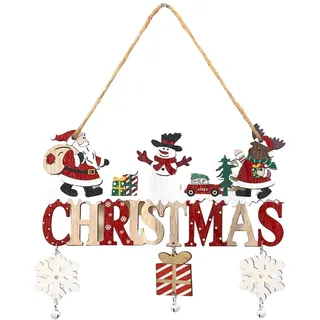 Weihnachtsdeko Hängend Frohe Weihnachten Schriftzug Holz Deko Weihnachtsmann Schneemann Schneeflocken Anhänger mit Kordel für Tür Fenster Wand Innen Party Zubehör (21 * 17cm)