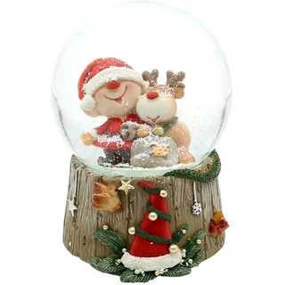 Schneekugel - Weihnachtsmann - Weihnachtself mit Rentier - auf Sockel in Holzoptik, mit Spielwerk, L/B/H/Ø Kugel 10 x 11 x 15 cm Ø 10 cm, Melodie Jingle Bells