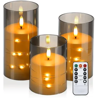 Lewondr Led Flammenlose Kerzen, 3 Pcs Batteriebetriebene Flackernde Kerzen, Elektrische Gefälschte Kerzen mit Fernbedienung und Timer, Urlaub & Hause Flackernden Fammenlose Kerzen, Grau