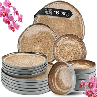 Moritz & Moritz ORGANIC 18-teiliges Geschirrset 6 Personen Beige - Elegantes Teller Set aus hochwertigem Steinzeug - Geschirr Set 6 Personen aus 6x Dinnerteller, 6x Dessertteller, 6x Suppenteller