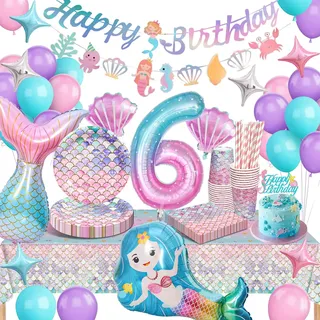 Meerjungfrau Partygeschirr Set, Meerjungfrau Geburtstag Deko 6 Jahre, Geburtstag Party Geschirr, Pappteller Kindergeburtstag Deko mit Luftballons für Geburtstagsdeko Mädchen 6 Jahre