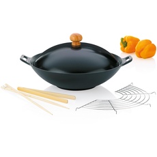 Kela 77943 Wok-Set mit Deckel, Induktionsgeeigent, 36 cm Durchmesser, Wok-Set Asia, 36 x 36 x 10 cm, Schwarz