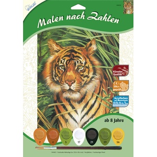 Mammut Spiel & Geschenk 105020 Malen nach Zahlen Tiermotiv, Tiger, Komplettset mit bedruckter Malvorlage im A4 Format, 7 Acrylfarben und Pinsel, Malset für Kinder ab 8 Jahre, 22,8 x 30,4 cm