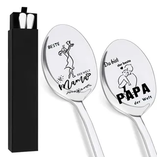Mama und Papa Löffel Geschenk, 2 Stücke Edelstahl Löffel Mit Gravur, Beste Kaffeelöffel Geschenke für Papa Mama, Muttertagsgeschenk Vatertagsgeschenke Geburtstagsgeschenk Ostergeschenke für Eltern