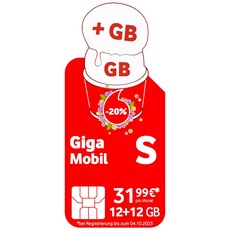 Vodafone Mobilfunkvertrag GigaMobil S | Jetzt doppeltes Datenvolumen 24 GB statt 12 GB | Zusätzlich 24 x 20% Tarifrabatt | 5G-Netz | EU-Roaming | Telefon- SMS-Flat ins deutsche Netz