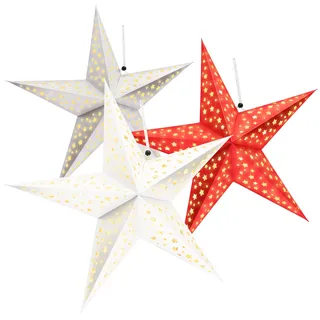 com-four® 3X Leuchtstern in 3D mit LEDs 60cm - Weihnachtsstern mit LED Beleuchtung und Timer - Premium Papierstern zum Aufhängen (rot/Silber/weiß - Design 2)