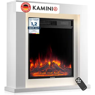 KAMINIO® Matti MODERN 32 Weiß Elektrokamin mit Heizung [Standkamin] | elektrischer Kamin, freistehend mit Kaminsims, 3D-Kaminfeuer in 5 Stufen, LED-Ambientelicht, Timer, Thermostat, Fernbedienung
