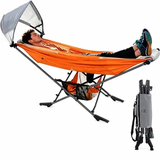 LET'S CAMP Hängematte mit Gestell, Mock ONE® kompakte Camping-Hängeliege mit UPF 50+ Sonnendach, 210T Fallschirmnylon, Stahlrahmen bis 113kg, faltbar & mobil tragbar für Reise/Urlaub/Outdoor/Camping