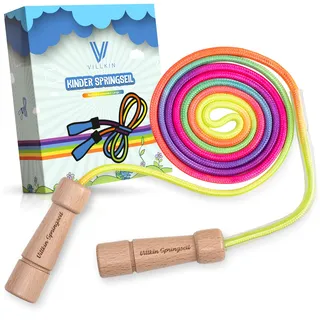 Villkin Springseil für Kinder - Premium Hüpfseil mit bunten Farben, verstellbarer Länge und Holzgriffen - Spiel & Spaß beim Seilspringen mit der Springschnur im Regenbogen-Design (Bunt, Universal)