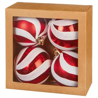 Weihnachtskugeln 80MM Rot & Weiß Wirbel Glitzer Packung 4