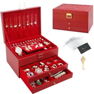 DesignSter Schmuckkasten, Schmuckkästchen mit 3 Ebenen mit Schubladen, PU-Leder Schmuckbox Schmuckschatulle Groß Schmuck Organizer für Ringe Ohrringe Armbänder Halsketten, Rot