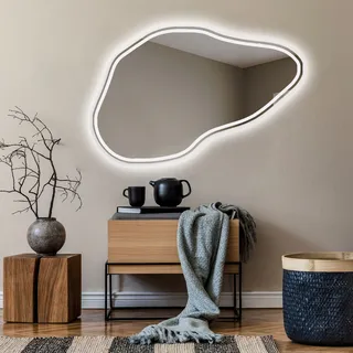 Unregelmäßiger asymmetrischer Spiegel mit LED Beleuchtung 99x64 cm - mit LED Beleuchtung - LED Farbe Kaltweiß 7000K - Individuell Nach Maß - Beleuchtet Wandspiegel Lichtspiegel Badezimmerspiegel POD223 - Transparent