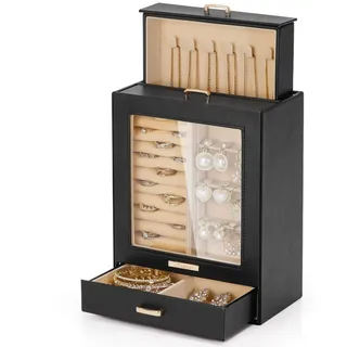 Yorbay Seelux Schmuckkästchen, Schmuckschatulle mit 3 Schubladen, Schmuckkasten mit Glasfenster, für Halsketten, Ringe, Armbänder, Ohrringe (Schwarz + Gold)