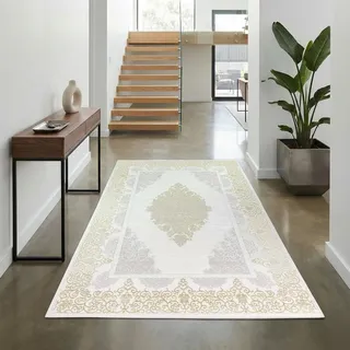 Teppich-Traum Kurzflor Teppich Mäander Ornamente Creme Gold 80x150 cm | Pflegeleicht, schmutzabweisend, strapazierfähig, vielseitig einsetzbar, OEKO-TEX geprüft, mit Glanzeffekt, 8 mm Flor