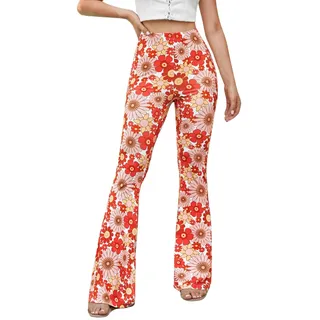 EVELUST Damen 70er Jahre Schlaghose - Hippie Bunte Blumen High Waist Hose Disco Kostüm Abba Outfit Fasching Karneval Festival Rave Pants Flower Power Kleidung Leggings(Red, M, 10501w)