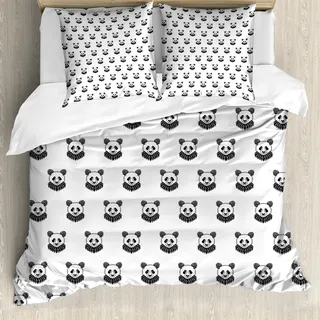 ABAKUHAUS Tätowieren Bettbezug, Panda-Bär Portraits, Milbensicher Allergiker geeignet mit Kissenbezügen, 155 cm x 220 cm - 80 x 80 cm, Schwarz-Weiss - Schwarz