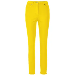 Regular-fit-Jeans MADELEINE "Jeans Mid Waist Skinny-Hose mit Fransen", Damen, Gr. 21, N + K Gr, gelb (sonnengelb), Obermaterial: 92% Baumwolle CO. 6% Polyester PES. 2% Elasthan EL., Modern, normal, Jeans Regular-fit-Jeans, mit Fransensaum