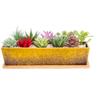 Sukkulenten-Blumentöpfe, 30 cm lang, rechteckig, Sukkulenten-Blumentöpfe mit Drainage, Bambusschalen, große Keramik-Kaktus-Blumenpflanzen für Innen- und Außenpflanzen, Heimdekoration, Gelb