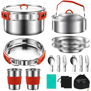 Camping Kochgeschirr Kit, 304 Edelstahl Camping Kochset, Camping Topf und Pfanne Set mit Wasserkocher Tassen Teller Gabeln Messer Löffel für Camping Outdoor Wandern Picknick RVs für 2-3 Personen