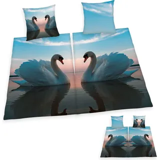 Partner Bettwäsche 4tlg. Schwanenpaar 135x200 cm (80x80 cm) 100% Baumwolle - Schwarz