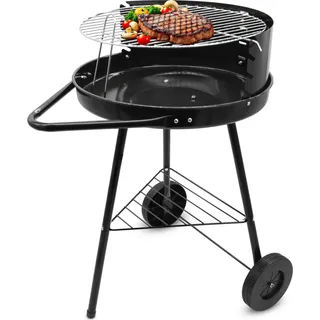 BBQ Grillwagen mit Rädern und verstellbarem Rost - 68 x 42 cm - Mobiler Holzkohle Standgrill mit Rollen und Windschutz - Schwarz, Silber