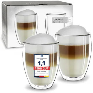 Creano doppelwandige Cappuccinotassen 250ml „DG-Hoch“, 2er Set, großes Thermoglas doppelwandig aus Borosilikatglas, Kaffee, Tee, Latte Gläser, Doppelwandgläser