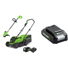 Greenworks Elektro-Rasenmäher 24V 33cm 30L Grasfangbox und Kabelloser Rasentrimmer 25cm automatischer Vorschubkopf mit Akku 4Ah und Ladegerät GD24LM33LT25K4 & Akku G24B2