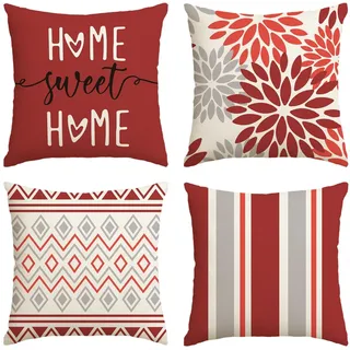 Artoid Mode Rot Dahlien Geometrisch Frühling Kissenbezüge 4er Set, 40x40 cm Saisonnal Sommer Zierkissenbezug Cushion Cover Couch Wohnzimmer Deko