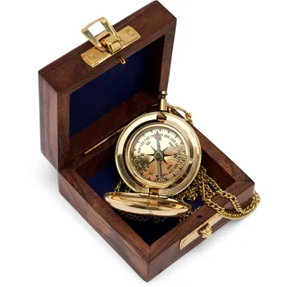 NKlaus 5cm Kompass Taschenuhrform aus Messing in Holzbox Peilkompass Richtungsanzeiger 11674
