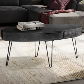 WOHNLING Couchtisch 100x50x40 cm Mango Massivholz Metall Sofatisch Wohnzimmertisch Oval mit Schublade Kaffeetisch Stauraum Massiv Großer Tisch - Schwarz