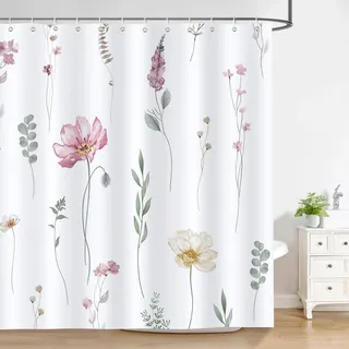 Bonhause Duschvorhang Rosa Beige Aquarell Blumen Blätter Modern Duschvorhänge 180 x 180 cm Anti-Schimmel Wasserdicht Polyester Stoff Waschbar Bad Vorhäng für Badzimmer mit 12 Haken
